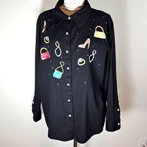 Quacker Factory Women’s Blouse Sz 1X Black Rhinestone Snap Closure Embellished